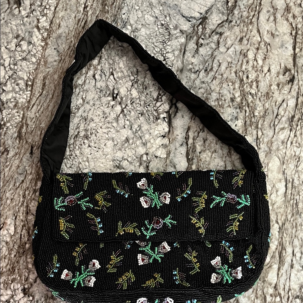 Floral Beaded Black Shoulder Bag